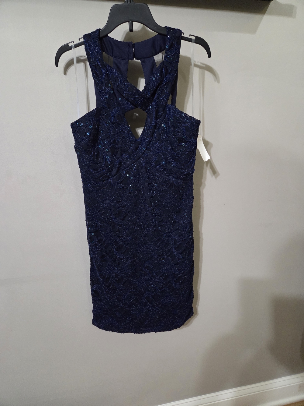 Navy Sequin Lace Cross-Front Mini Dress